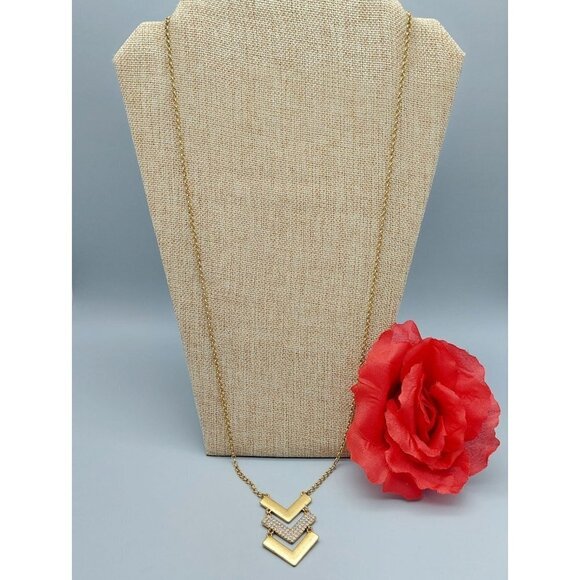 Long Gold Tone J. Crew Chevron Rhinestone Pendant Necklace 32" Rolo Chain - Picture 6 of 8